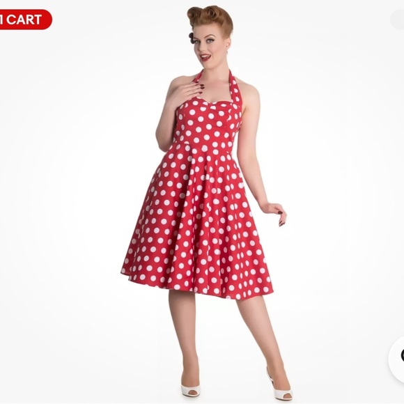 HELL BUNNY | Marian Red and White Polka Dot Halter Flare Vixen Pinup Party Dress - Picture 1 of 6